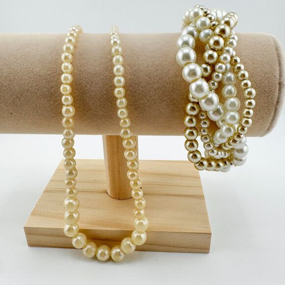 Vintage Faux Pearl Bracelet & Necklace Set Glamour Formal Timeless Retro - Picture 2 of 11